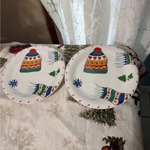 Crate and Barrel winter Holiday Plates with Colorful Hat Design